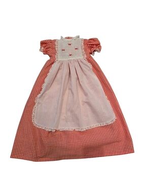 Vintage 1980s Polly Flinders Red Gingham Plaid Smocked Dress with Apron